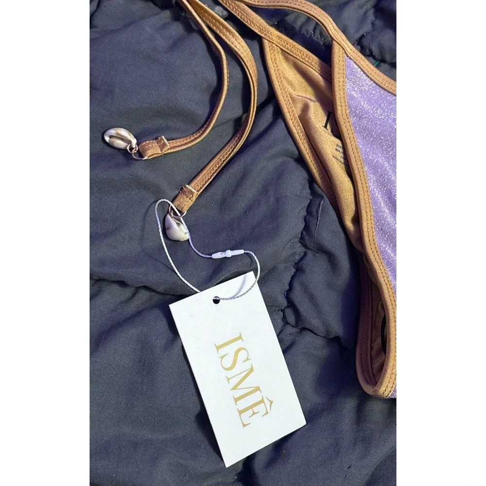 NEW ISME Women's Purple Metallic Gold Trim Tie-Side Brazilian Bikini Bottom, S